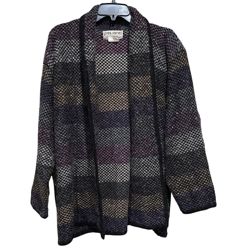 Vintage Yves Venet Cardigan One Size Black Pink Orange Striped Open Front Indie